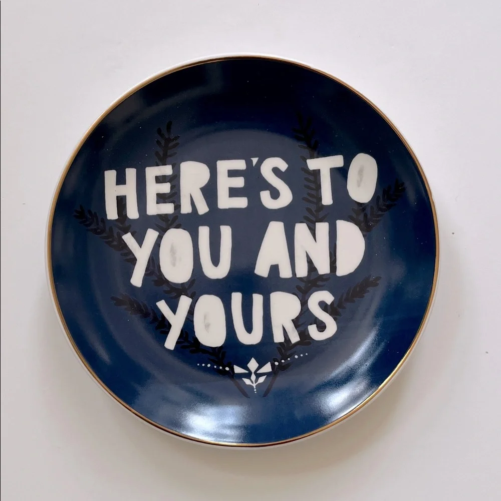 NWT WEST ELM DECORATIVE HERE IS TO YOU AND YOURS BLUE AND WHITE COLLECTORS PLATE